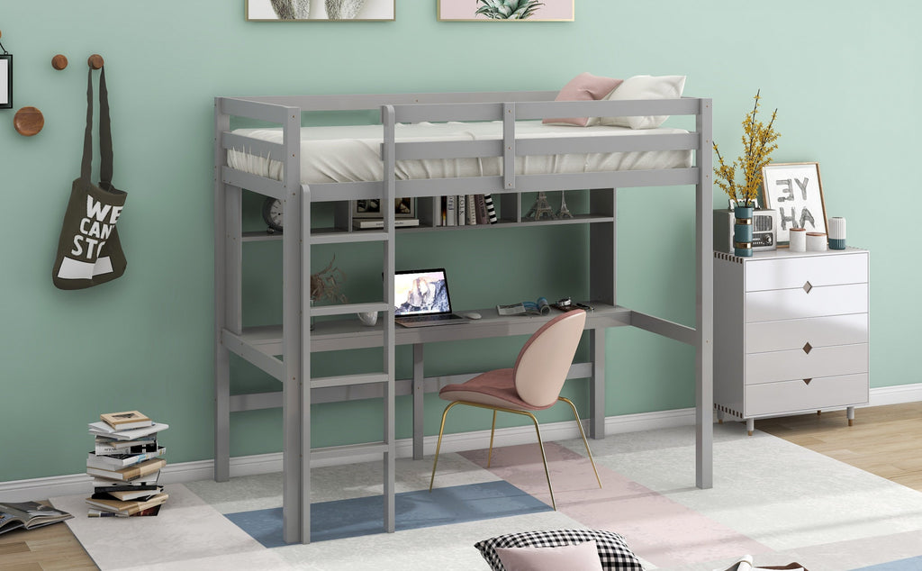 LuxxHomes  Minimalist Gray Twin Size Loft Bed with Built In Desk and Shelf