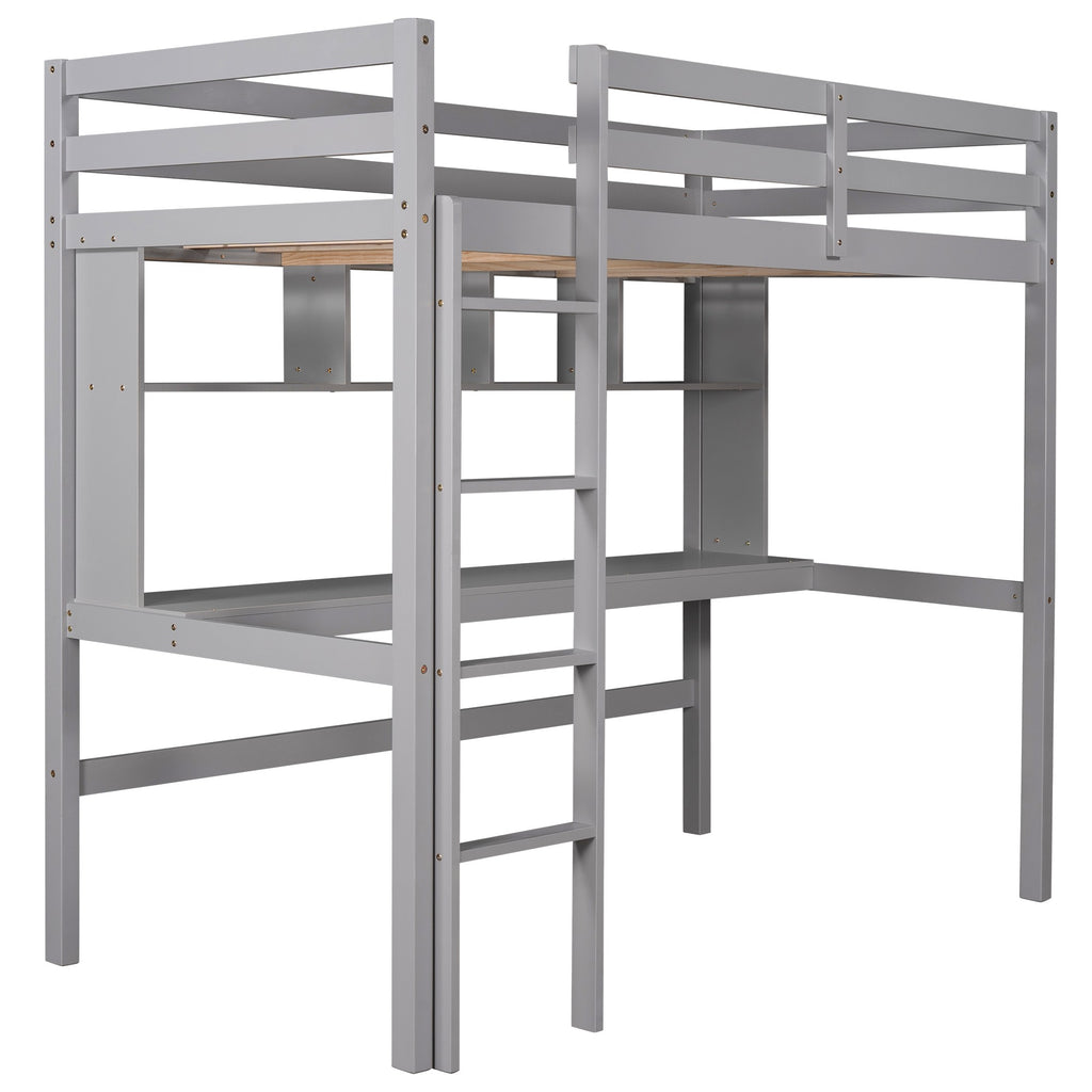 LuxxHomes  Minimalist Gray Twin Size Loft Bed with Built In Desk and Shelf