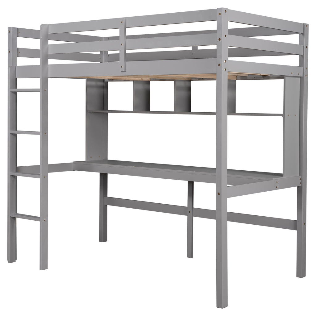 LuxxHomes  Minimalist Gray Twin Size Loft Bed with Built In Desk and Shelf