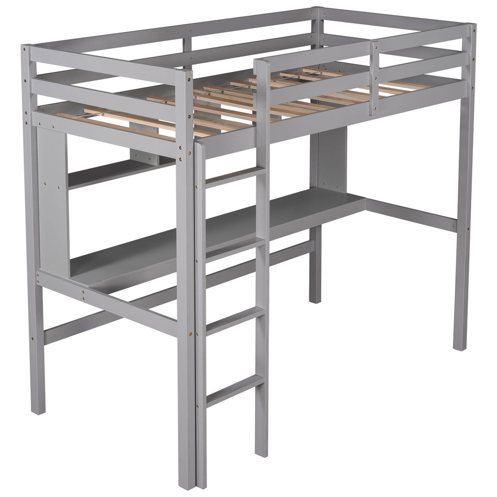 LuxxHomes  Minimalist Gray Twin Size Loft Bed with Built In Desk and Shelf