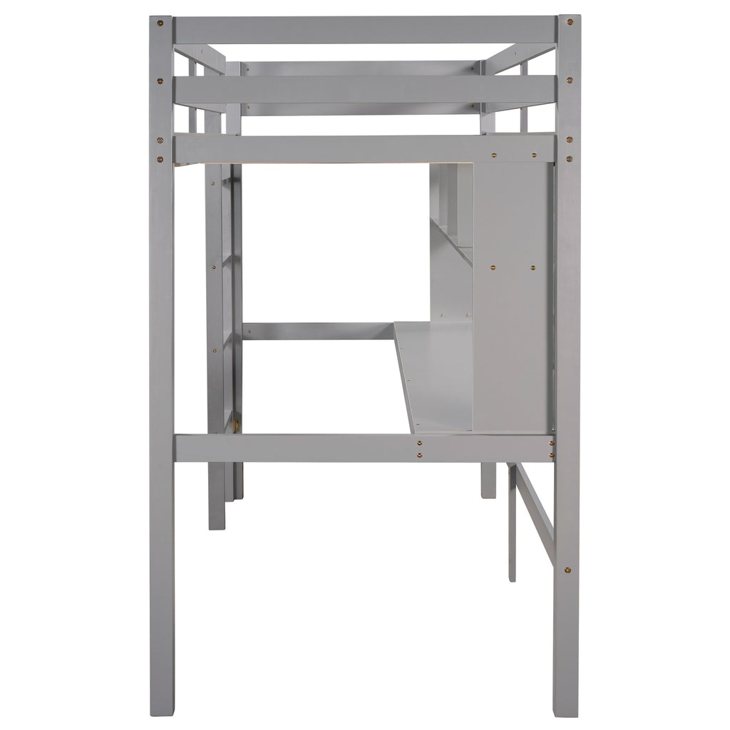 LuxxHomes  Minimalist Gray Twin Size Loft Bed with Built In Desk and Shelf