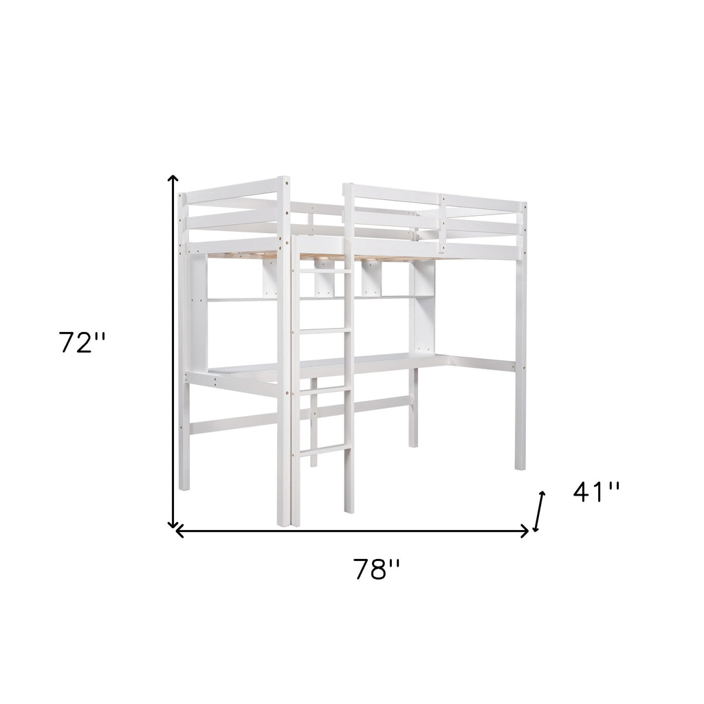 LuxxHomes  Minimalist White Twin Size Loft Bed with Built In Desk and Shelf