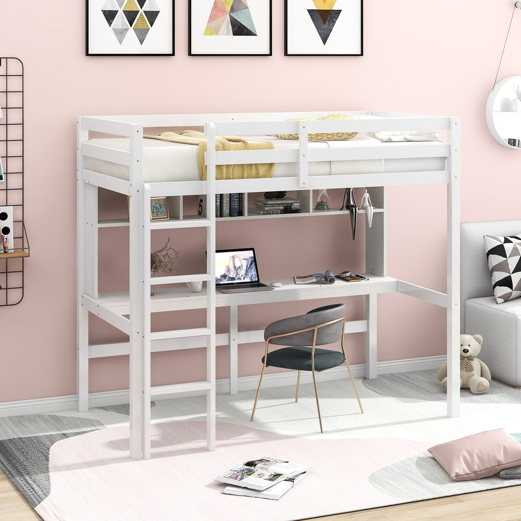 LuxxHomes  Minimalist White Twin Size Loft Bed with Built In Desk and Shelf