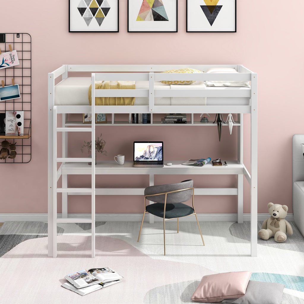 LuxxHomes  Minimalist White Twin Size Loft Bed with Built In Desk and Shelf