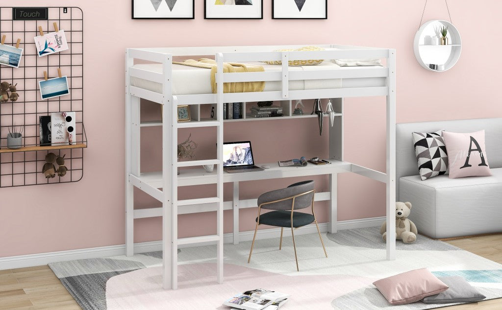 LuxxHomes  Minimalist White Twin Size Loft Bed with Built In Desk and Shelf