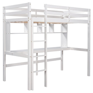 LuxxHomes  Minimalist White Twin Size Loft Bed with Built In Desk and Shelf