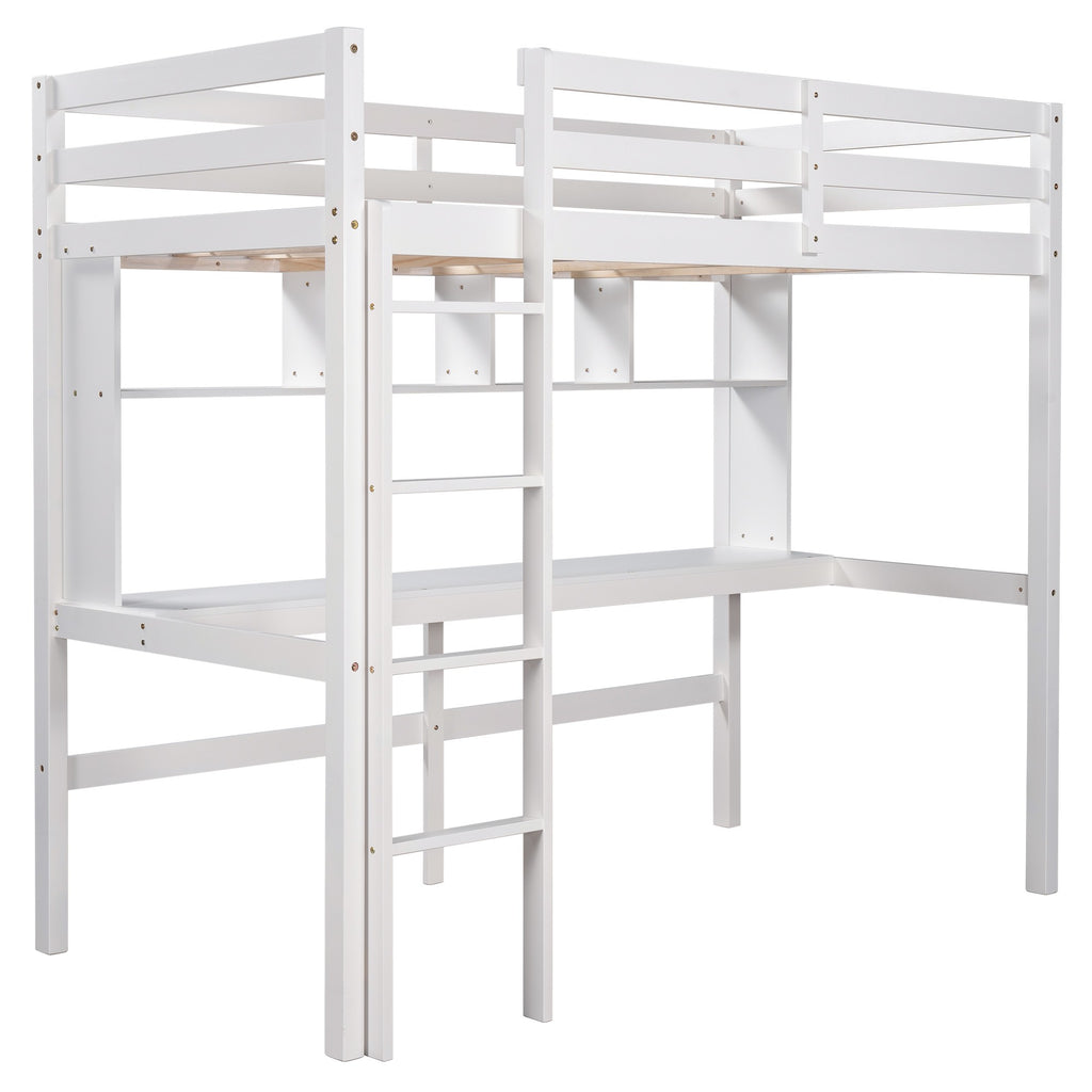 LuxxHomes  Minimalist White Twin Size Loft Bed with Built In Desk and Shelf