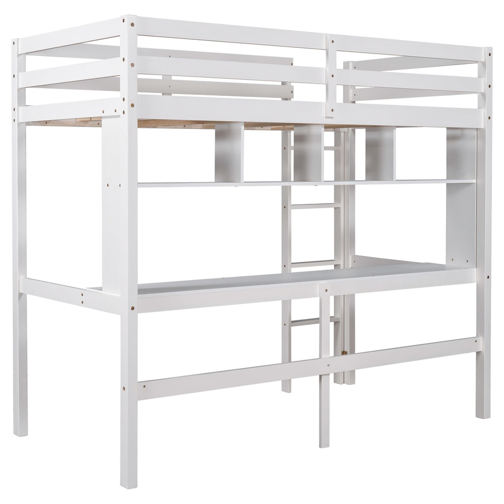 LuxxHomes  Minimalist White Twin Size Loft Bed with Built In Desk and Shelf