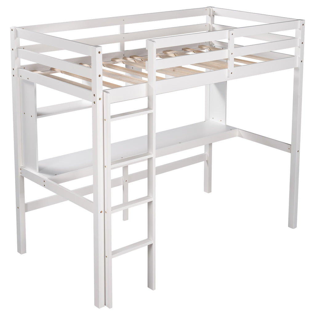 LuxxHomes  Minimalist White Twin Size Loft Bed with Built In Desk and Shelf