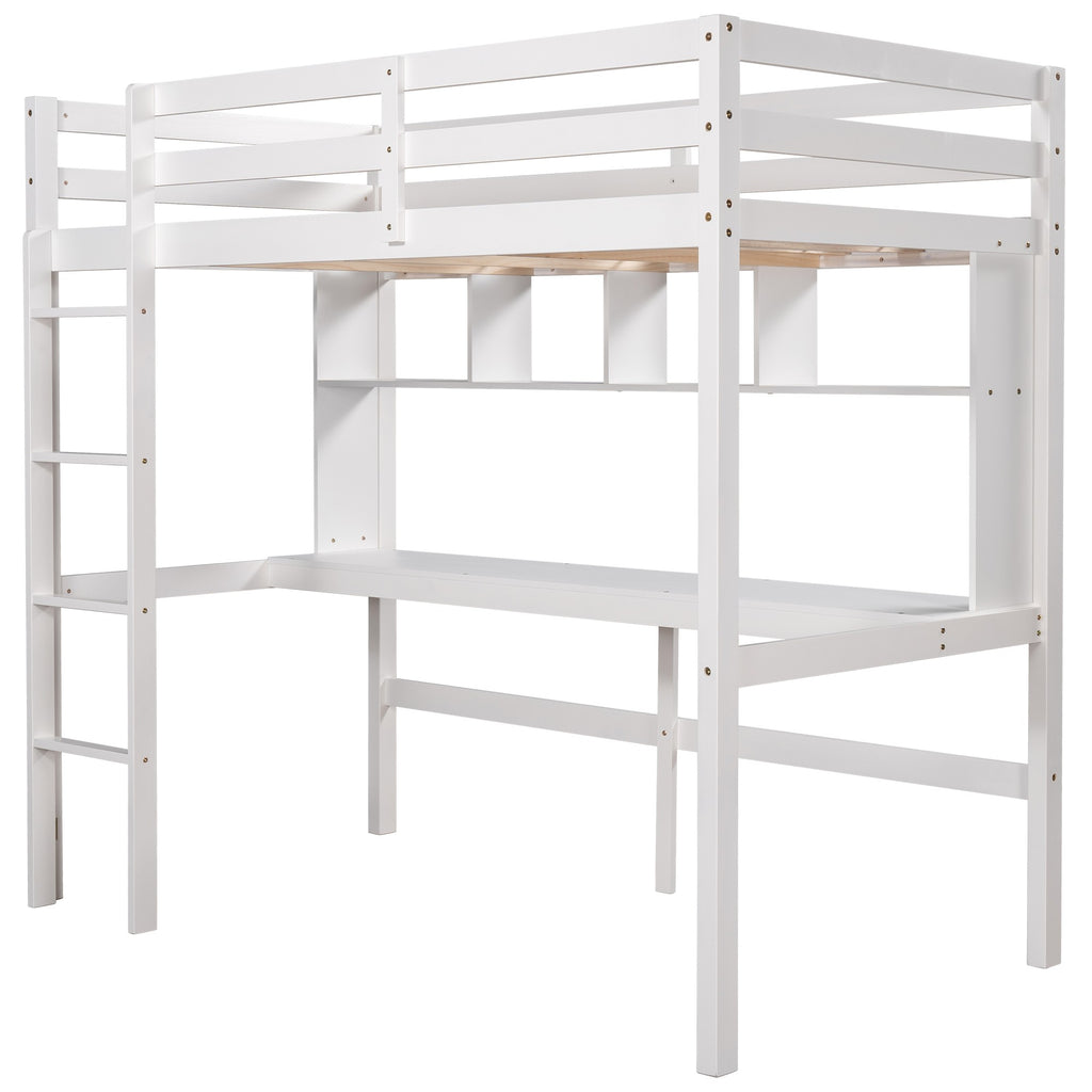 LuxxHomes  Minimalist White Twin Size Loft Bed with Built In Desk and Shelf