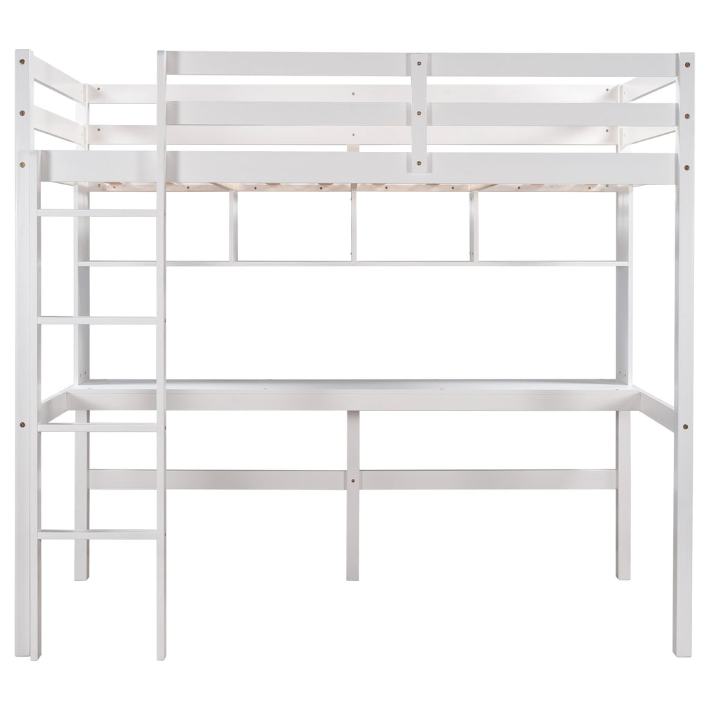 LuxxHomes  Minimalist White Twin Size Loft Bed with Built In Desk and Shelf