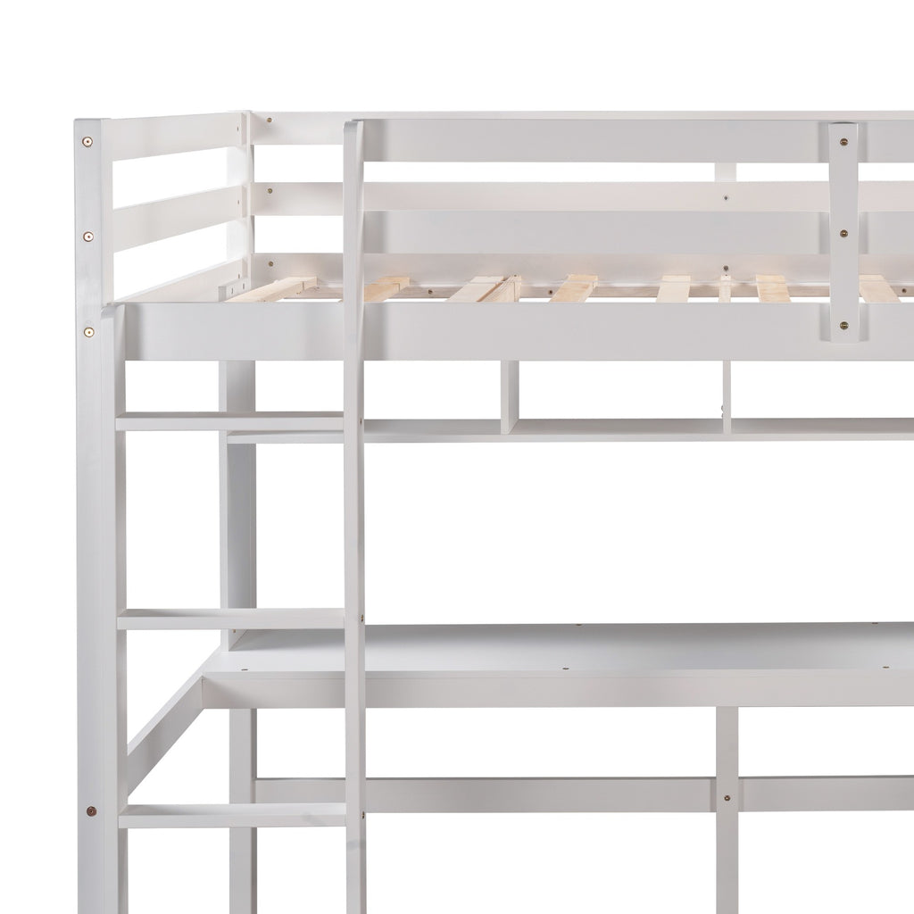 LuxxHomes  Minimalist White Twin Size Loft Bed with Built In Desk and Shelf