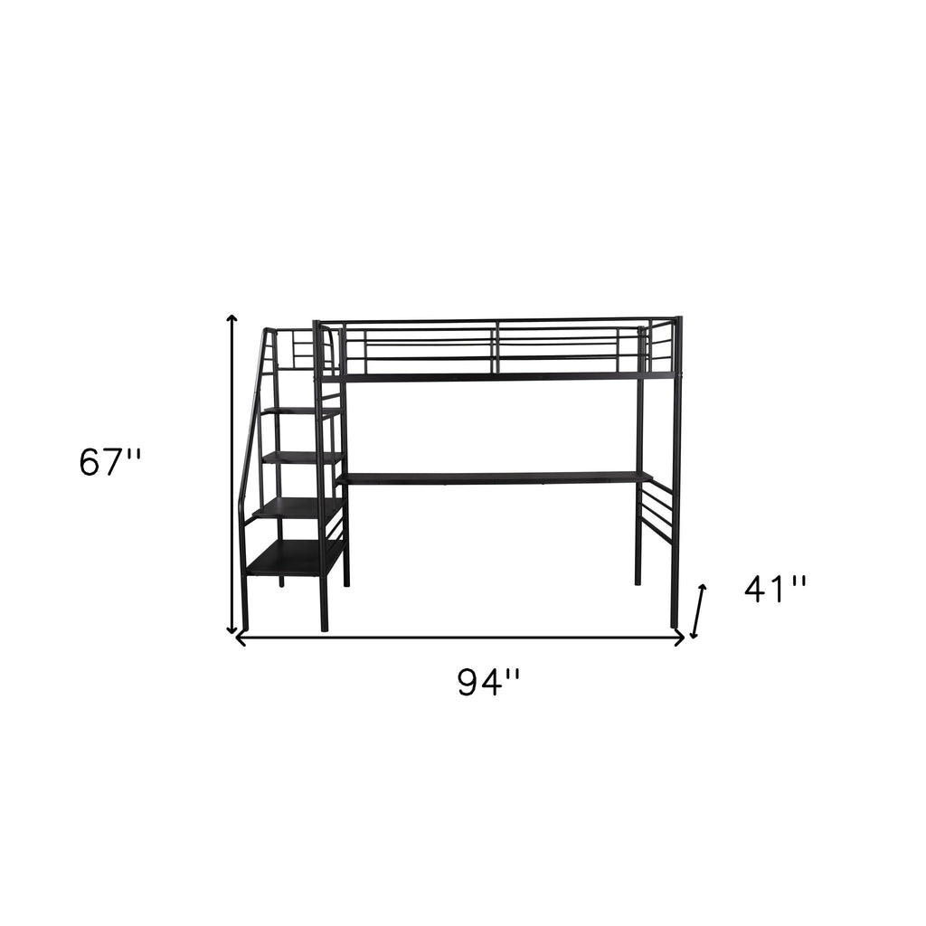 LuxxHomes  Mod Black Twin Size Metal Loft Bed with Desk and Stairs