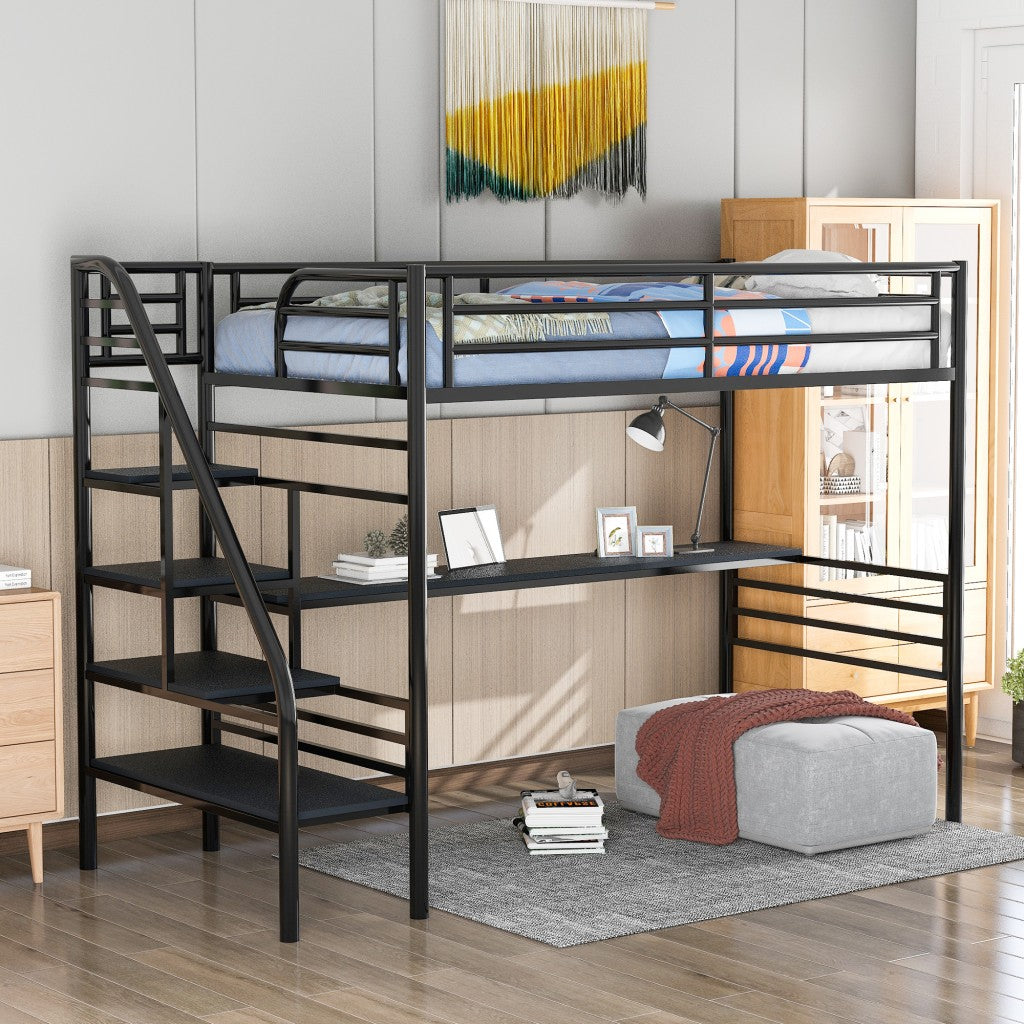 LuxxHomes  Mod Black Twin Size Metal Loft Bed with Desk and Stairs