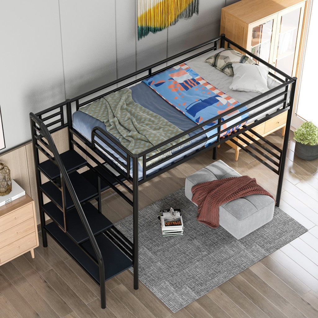 LuxxHomes  Mod Black Twin Size Metal Loft Bed with Desk and Stairs