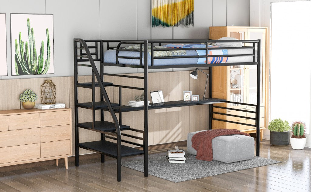 LuxxHomes  Mod Black Twin Size Metal Loft Bed with Desk and Stairs