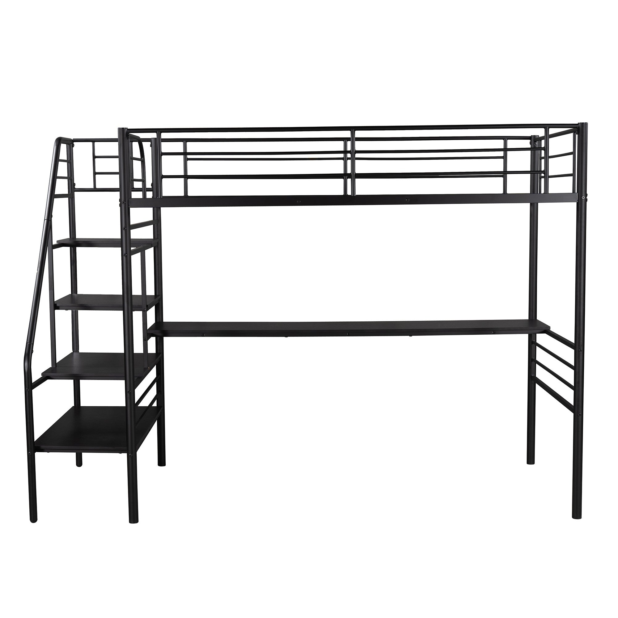 LuxxHomes  Mod Black Twin Size Metal Loft Bed with Desk and Stairs