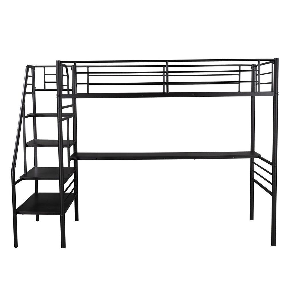 LuxxHomes  Mod Black Twin Size Metal Loft Bed with Desk and Stairs