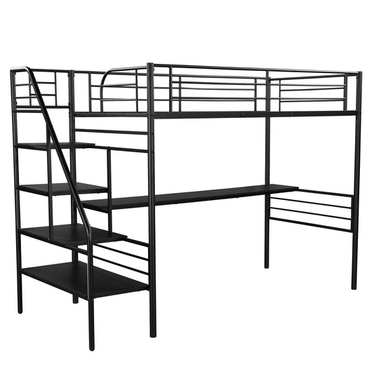 LuxxHomes  Mod Black Twin Size Metal Loft Bed with Desk and Stairs