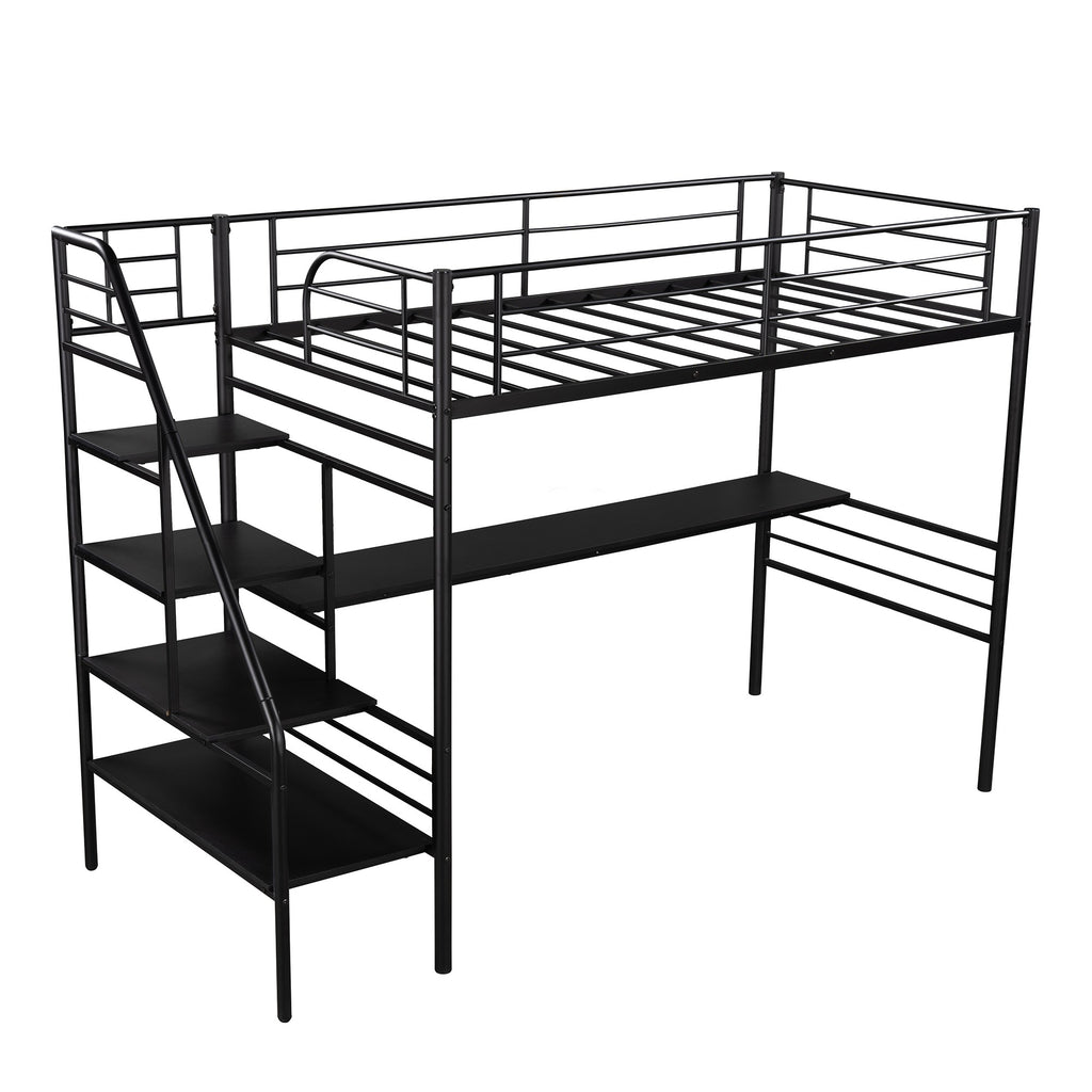 LuxxHomes  Mod Black Twin Size Metal Loft Bed with Desk and Stairs