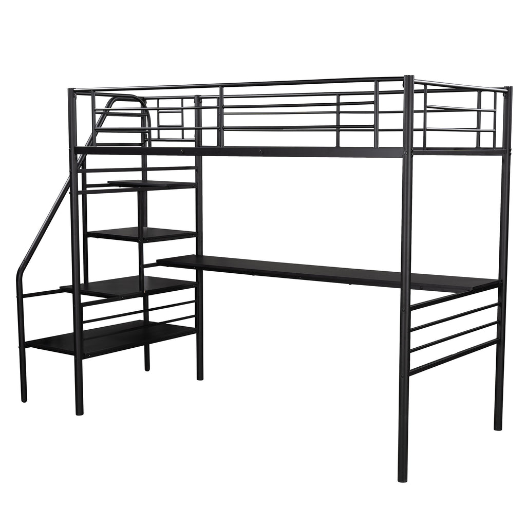 LuxxHomes  Mod Black Twin Size Metal Loft Bed with Desk and Stairs