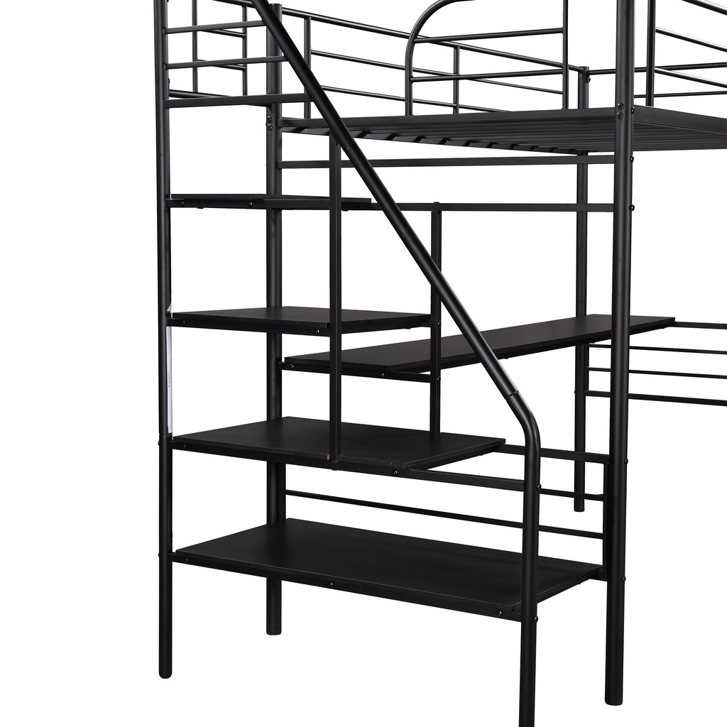 LuxxHomes  Mod Black Twin Size Metal Loft Bed with Desk and Stairs