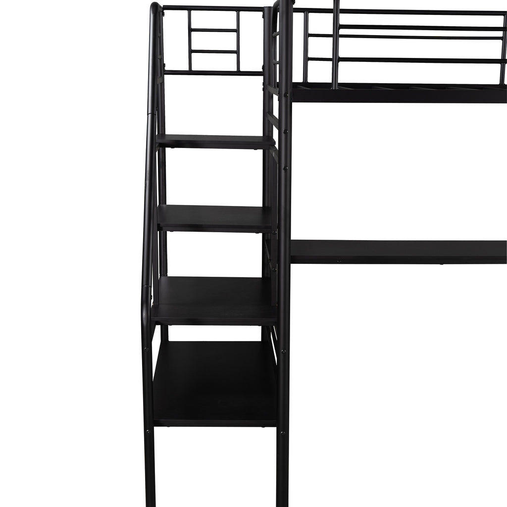 LuxxHomes  Mod Black Twin Size Metal Loft Bed with Desk and Stairs