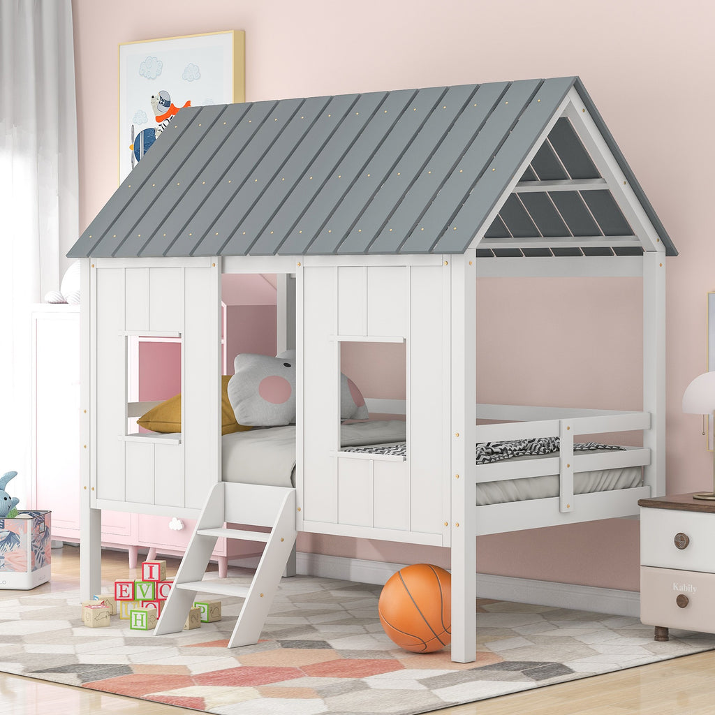 LuxxHomes  Playhouse with Windows and Roof White Twin Size Low Loft Bed