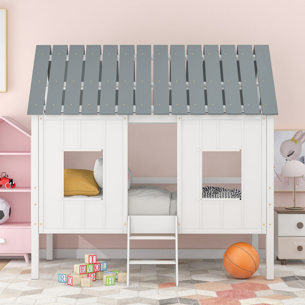 LuxxHomes  Playhouse with Windows and Roof White Twin Size Low Loft Bed