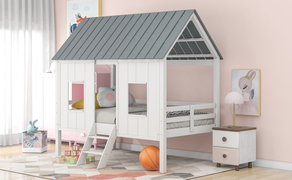 LuxxHomes  Playhouse with Windows and Roof White Twin Size Low Loft Bed