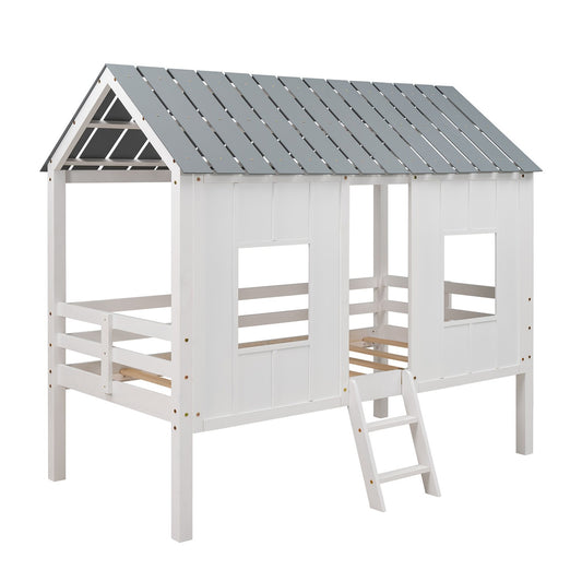 LuxxHomes  Playhouse with Windows and Roof White Twin Size Low Loft Bed