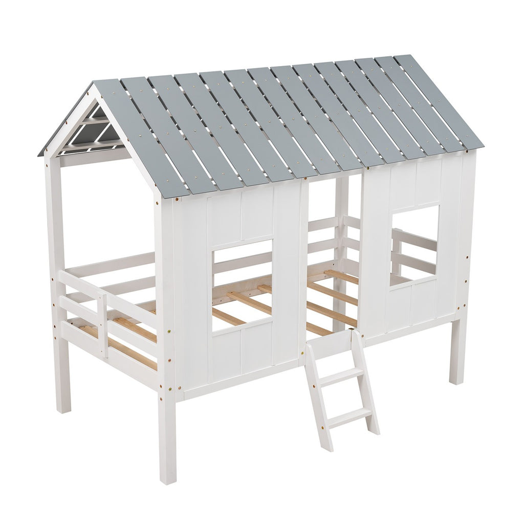 LuxxHomes  Playhouse with Windows and Roof White Twin Size Low Loft Bed