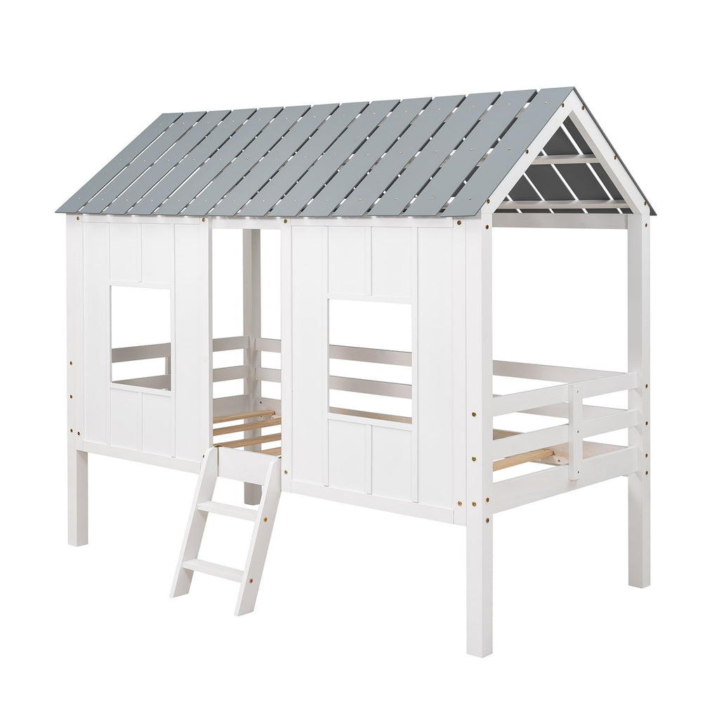 LuxxHomes  Playhouse with Windows and Roof White Twin Size Low Loft Bed