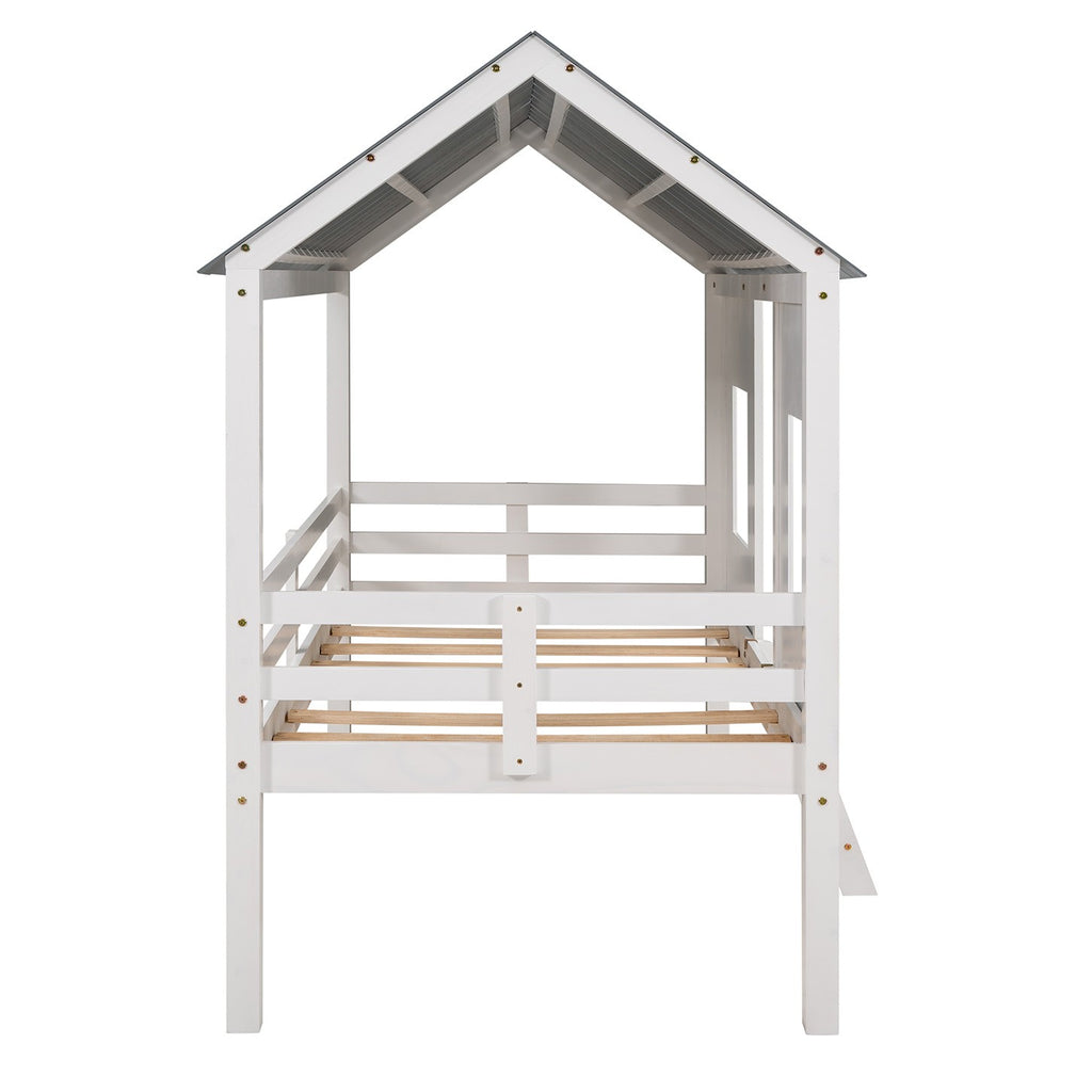 LuxxHomes  Playhouse with Windows and Roof White Twin Size Low Loft Bed