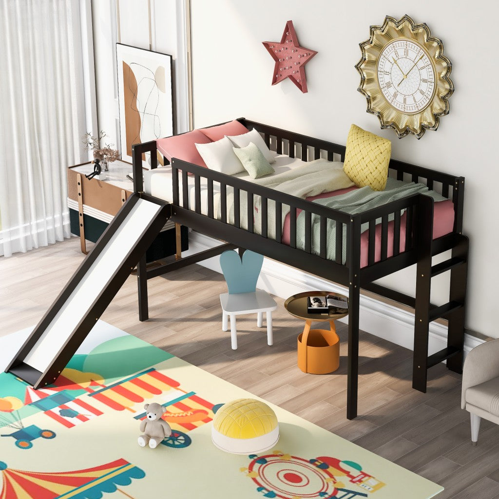 LuxxHomes  Dark Brown Twin Size Loft Bed with Slide