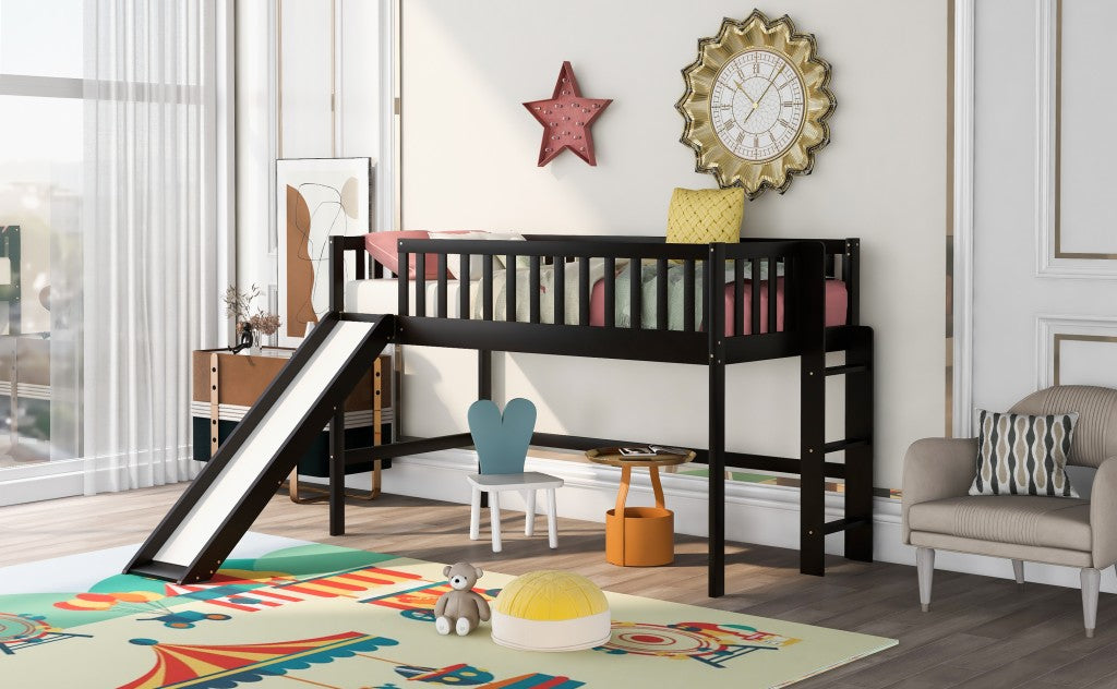 LuxxHomes  Dark Brown Twin Size Loft Bed with Slide