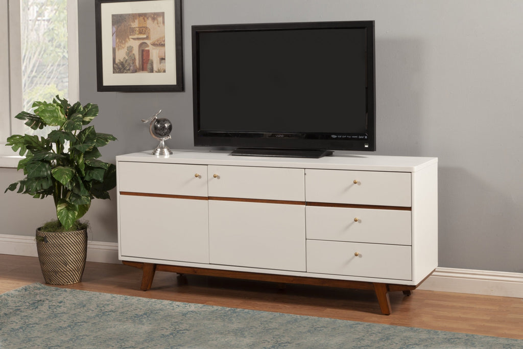 65" White Mahogany Solids And Veneer Cabinet Enclosed Storage TV Stand