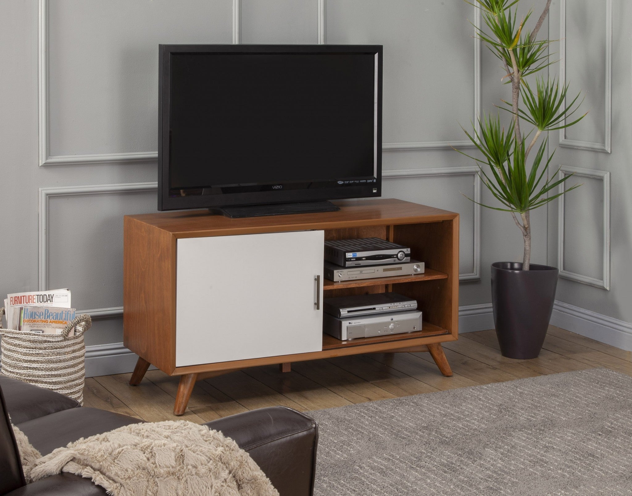 50" Brown and White Solid Wood Open Shelving TV Stand