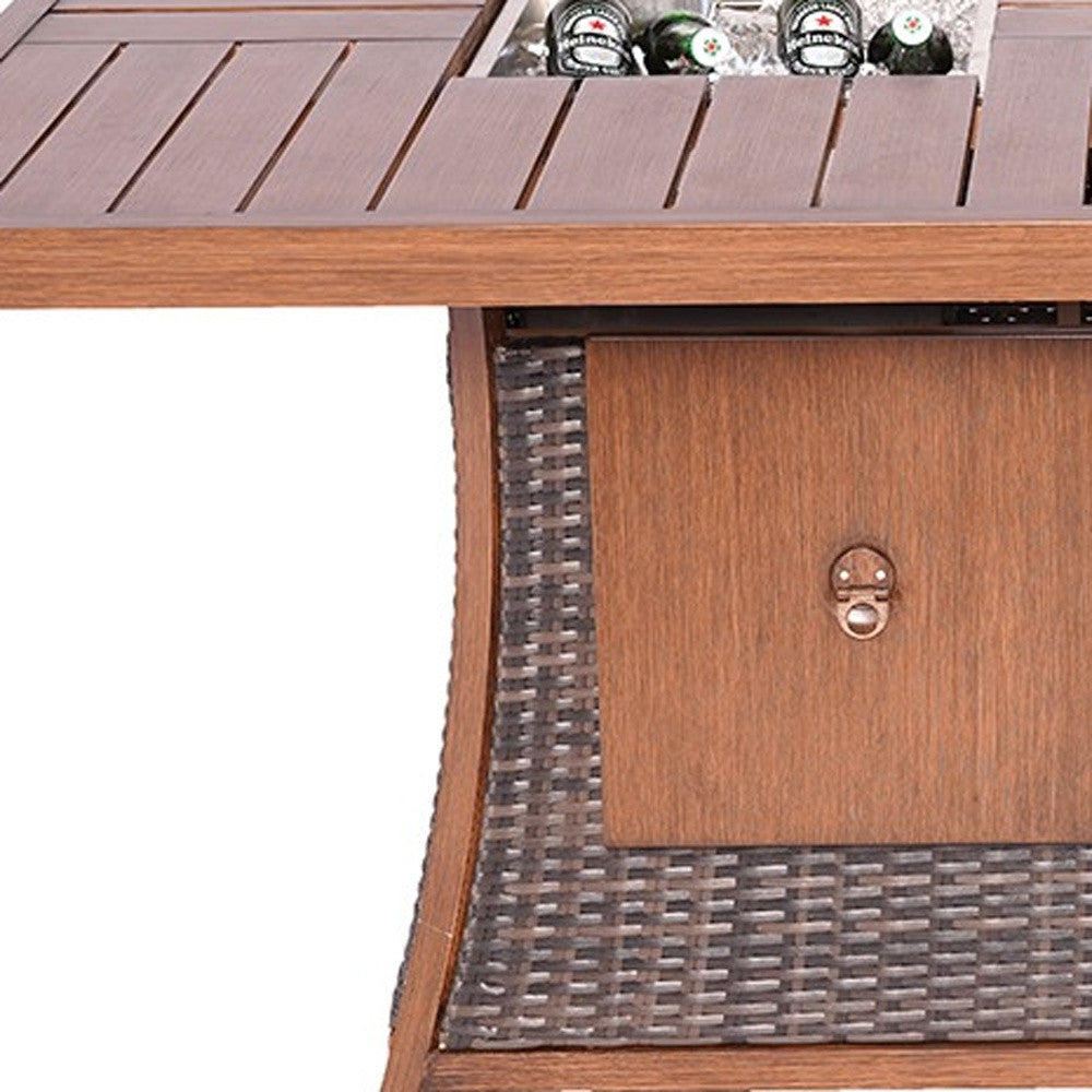 Brown Wicker Outdoor Gas Fire Pit Table with Ice Bucket