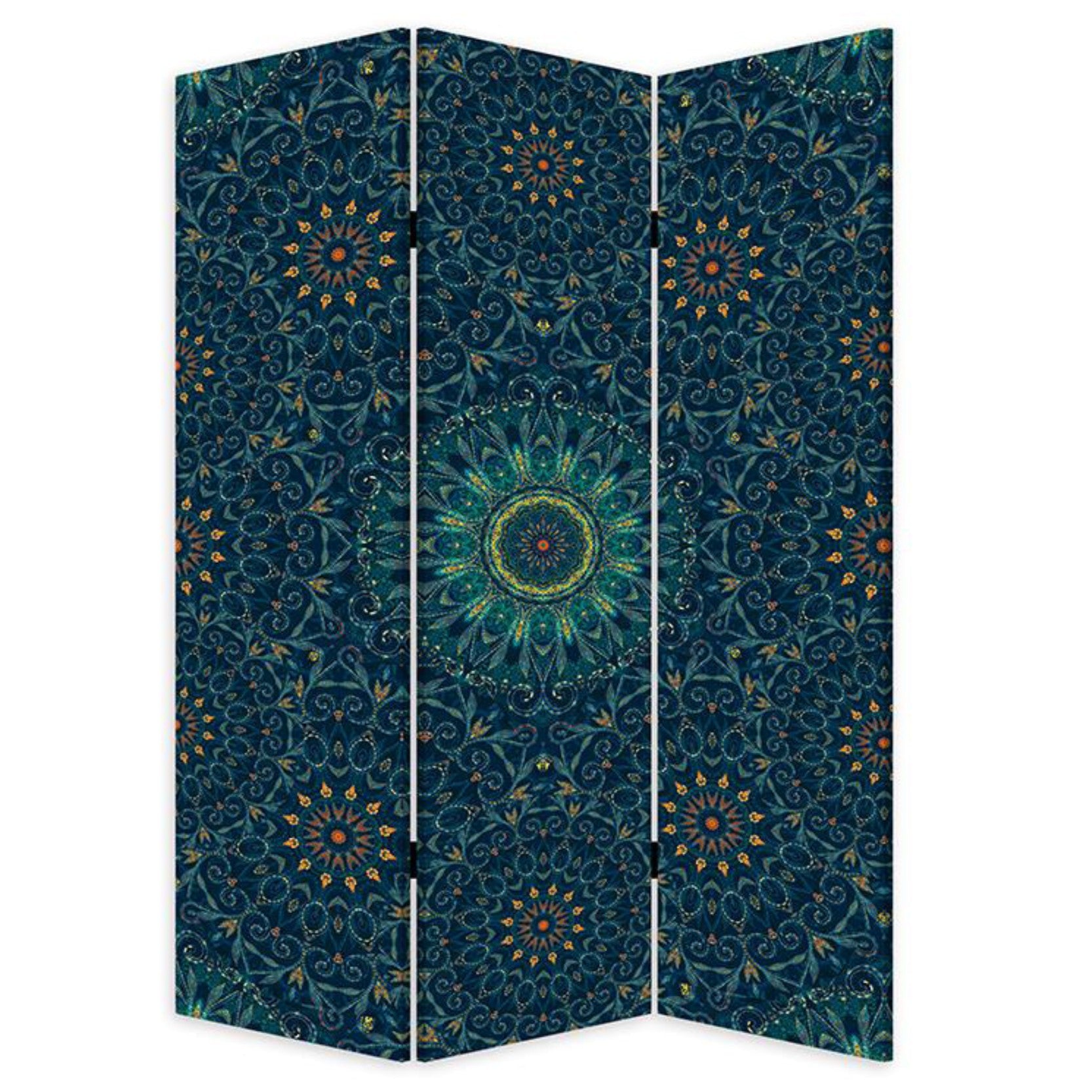 Blue Boho Mandala Three Panel Room Divider Screen