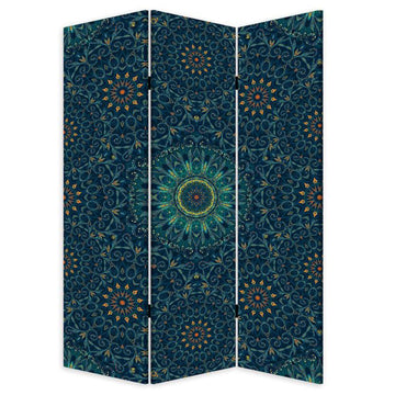 Blue Boho Mandala Three Panel Room Divider Screen