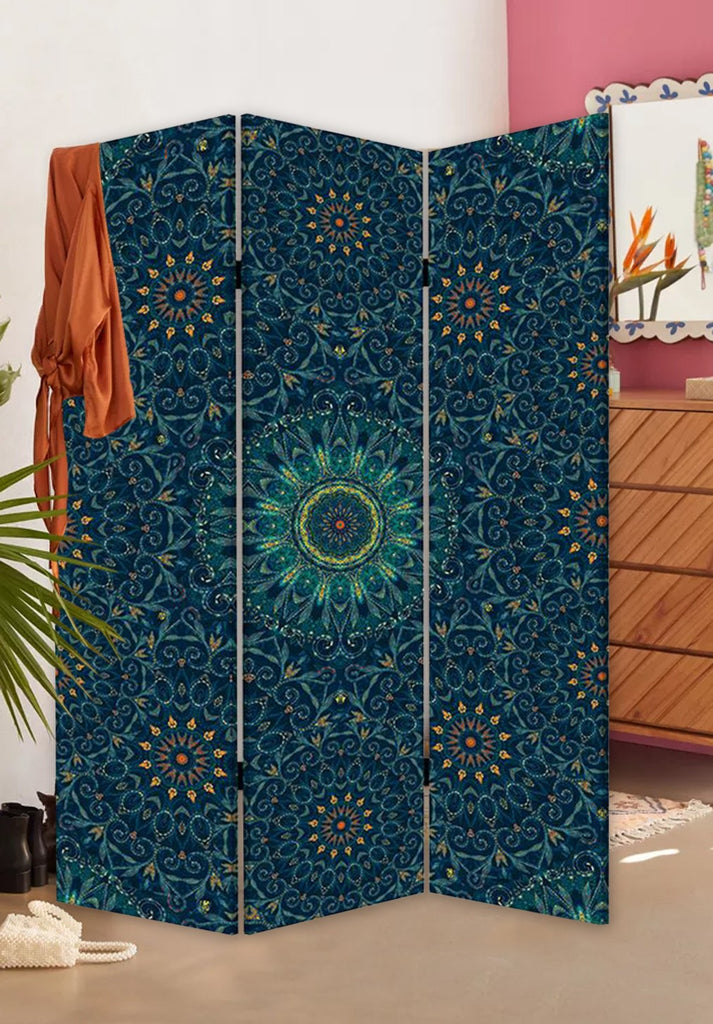 Blue Boho Mandala Three Panel Room Divider Screen