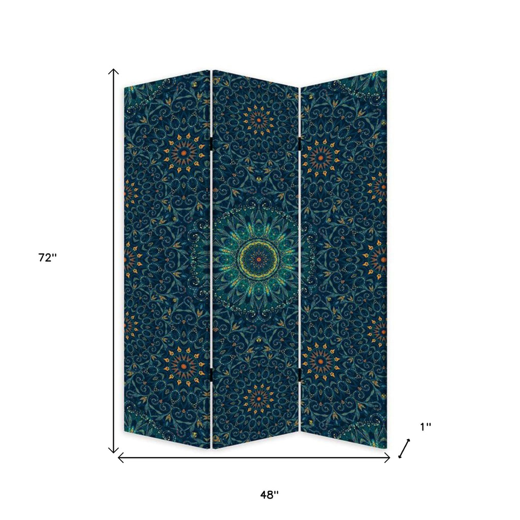 Blue Boho Mandala Three Panel Room Divider Screen