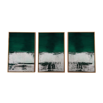 Set Of Three Three Piece Deep Green Black and White Abstract Canvas Wall Art Gold Floater Frame Print Wall Art