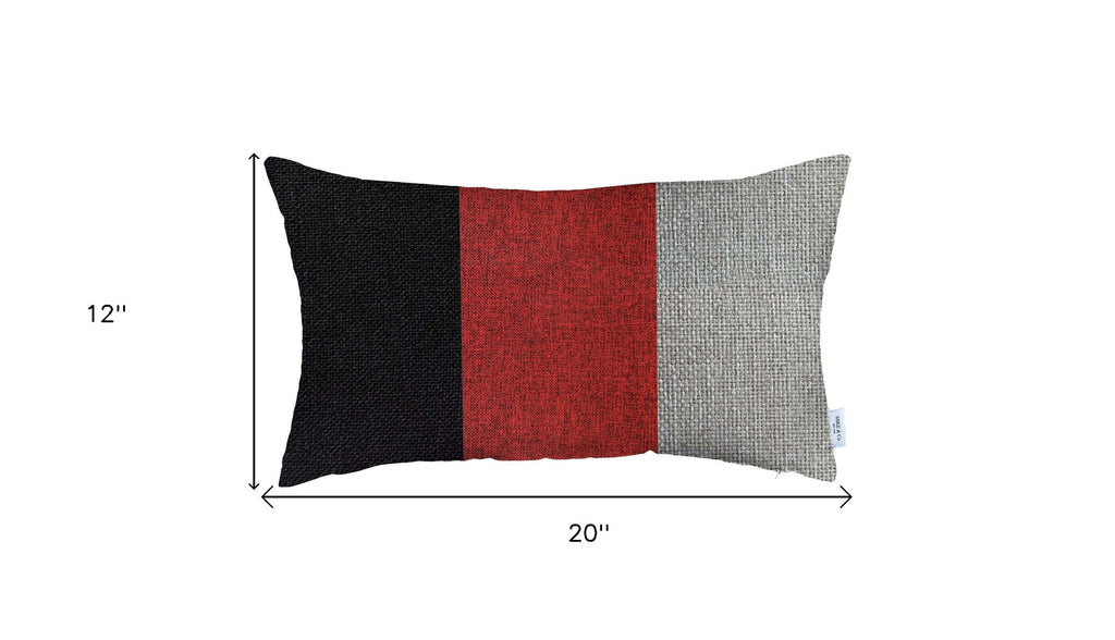 12" X 20" Black And Red Geometric Zippered Handmade Polyester Lumbar Pillow Cover