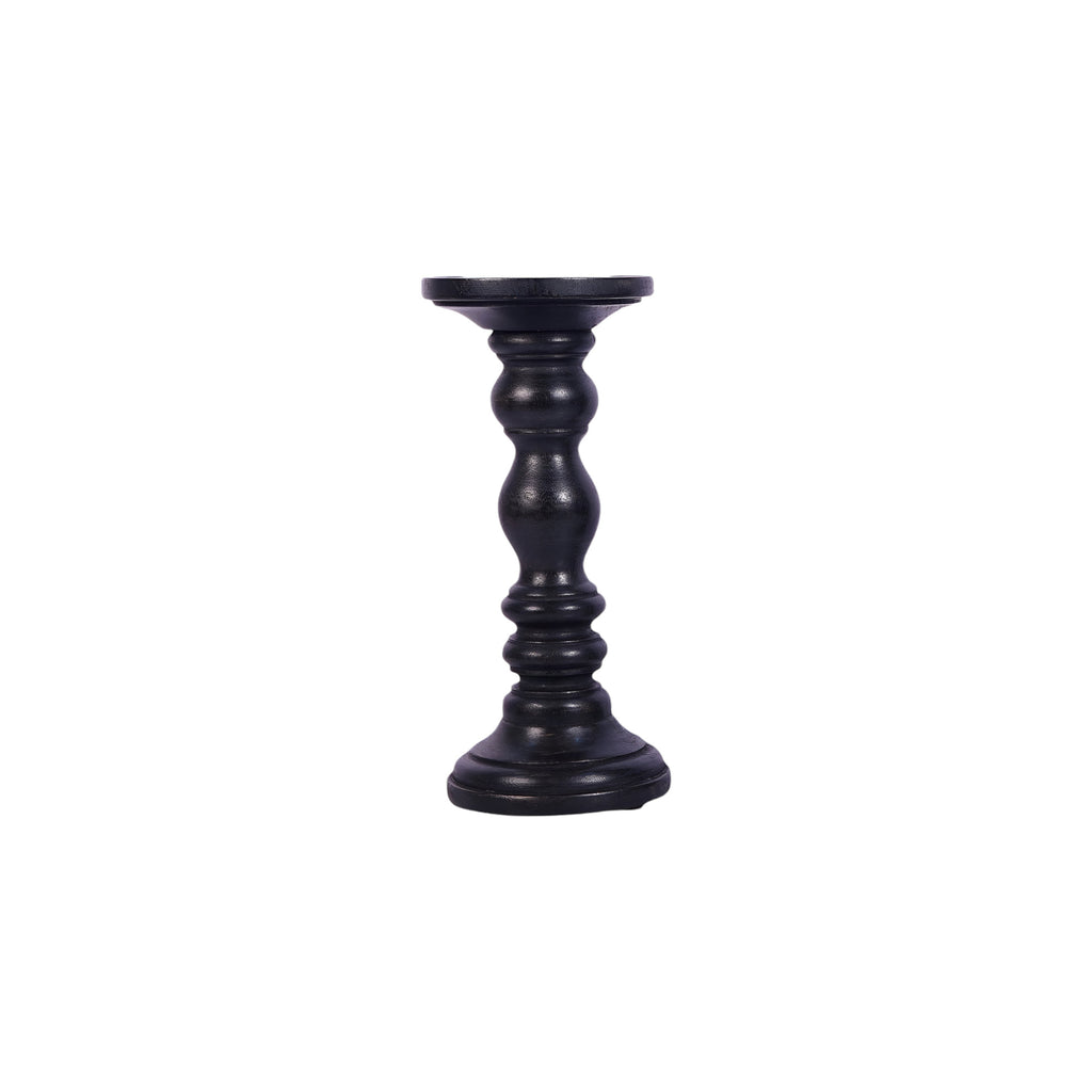 Set of Three Matte Black Genuine Wood Hand Carved Pillar Candle Holders