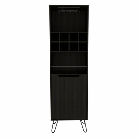 71" Black Tall Bar Cabinet with Two Door Panels and Top Wine Glass Rack