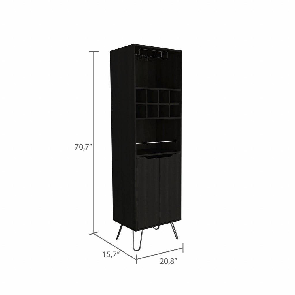 71" Black Tall Bar Cabinet with Two Door Panels and Top Wine Glass Rack