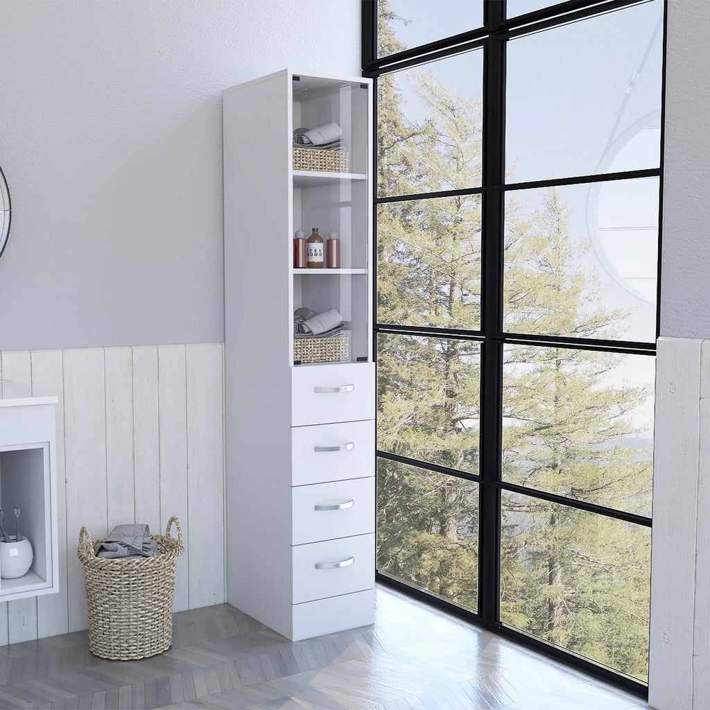 White Bathroom Storage Cabinet with Glass Door and Sliding Drawers