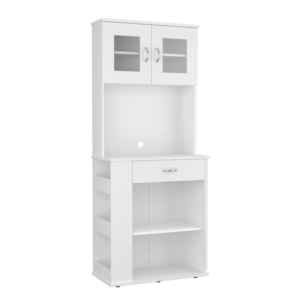 67" White Pantry Cabinet with Two Door Panels and Side Open Shelves